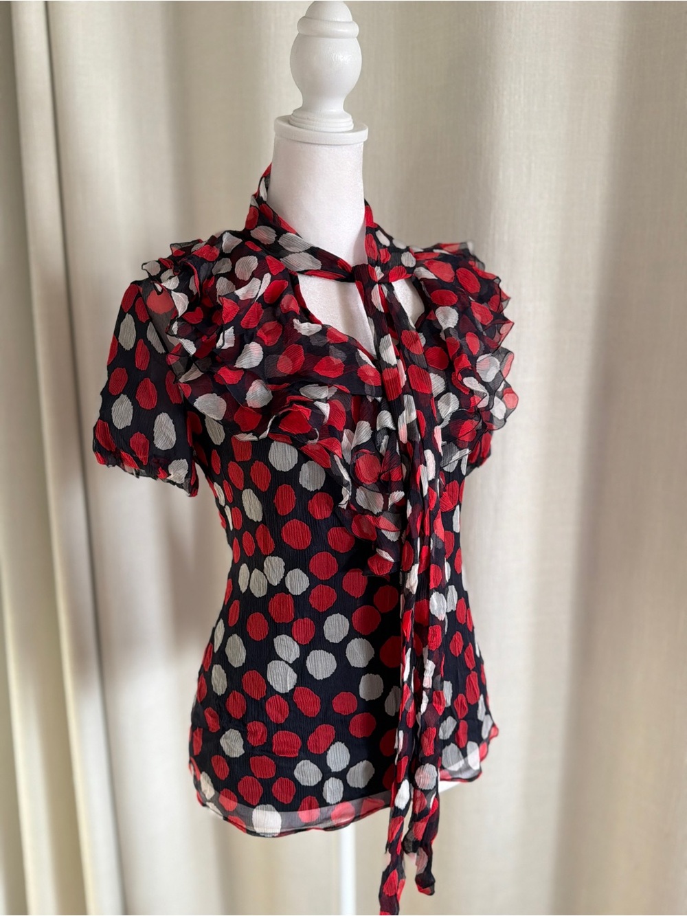 Silk top with Polka Dots and Ruffle Tie-Neck Women's Blouse